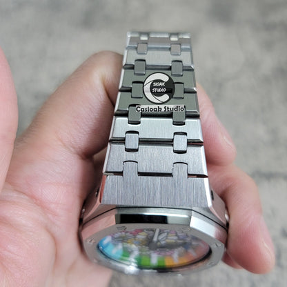 Casioak Mod Watch Silver Case Metal Strap Rainbow White Time Mark Takashi Murakami Dial 44mm- Casioak Mod Casio G-Shock Royal Oak Custom Mens Luxury Watches Ga2100