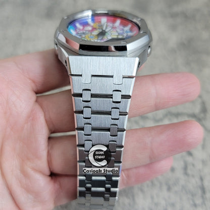 Casioak Mod Watch Silver Case Metal Strap Rainbow White Time Mark Takashi Murakami Dial 44mm- Casioak Mod Casio G-Shock Royal Oak Custom Mens Luxury Watches Ga2100