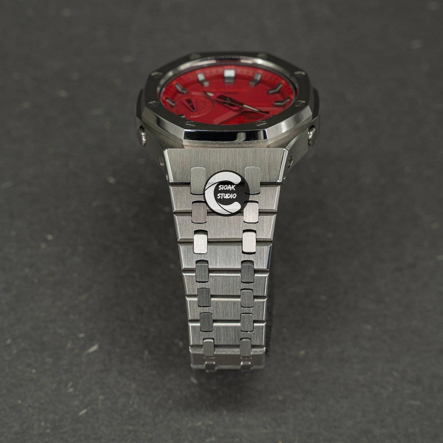 Casioak Mod Watch Silver Case Metal Strap Red Silver Time Mark Red Dial 44mm- Casioak Mod Casio G-Shock Royal Oak Custom Mens Luxury Watches Ga2100