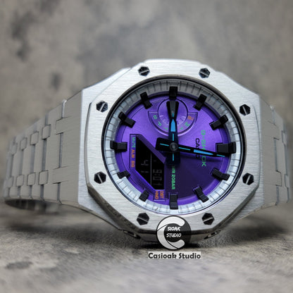 Casioak Mod Watch Silver Case Metal Strap Silver Black Time Mark Purple Dial 44mm- Casioak Mod Casio G-Shock Royal Oak Custom Mens Luxury Watches Ga2100