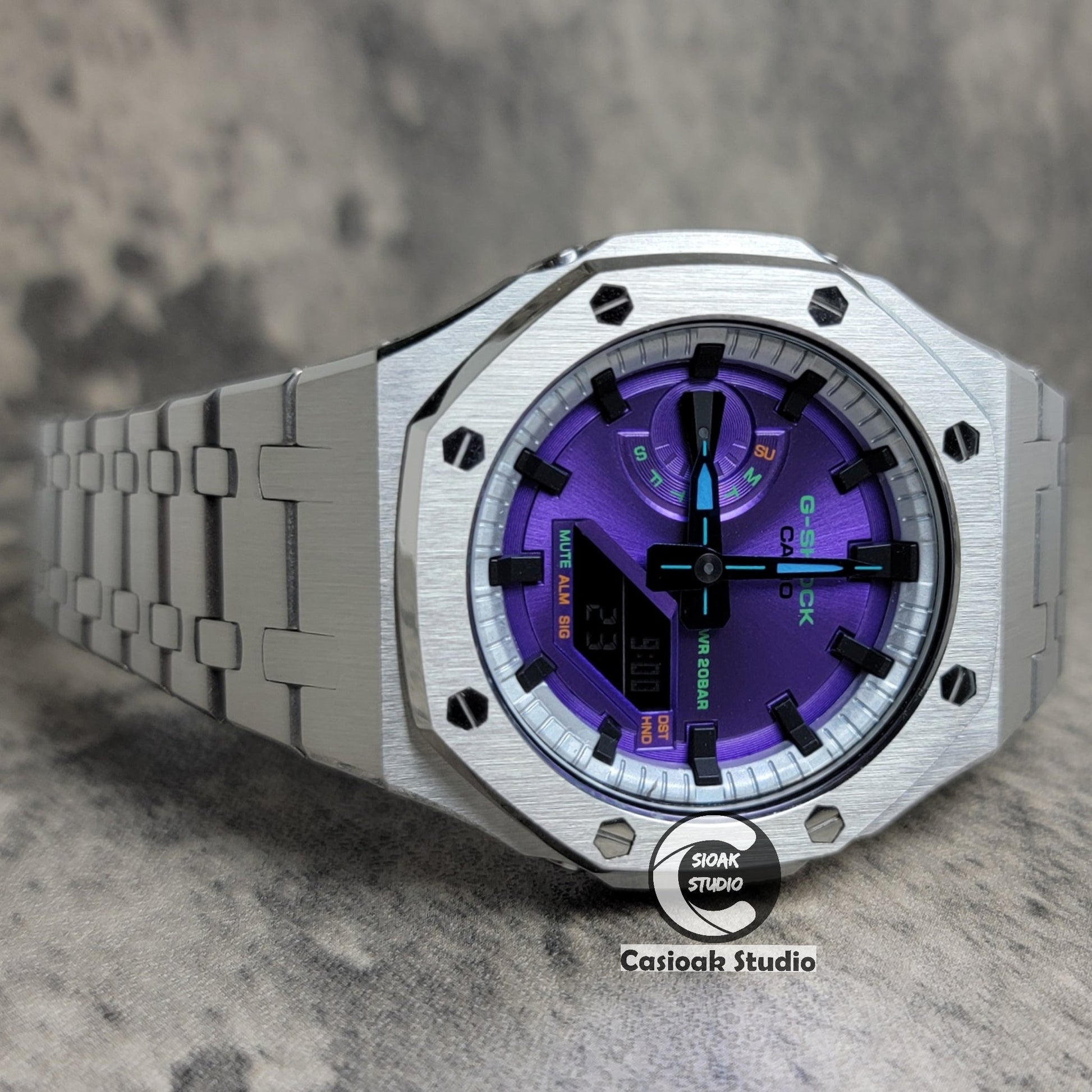 Casioak Mod Watch Silver Case Metal Strap Silver Black Time Mark Purple Dial 44mm- Casioak Mod Casio G-Shock Royal Oak Custom Mens Luxury Watches Ga2100