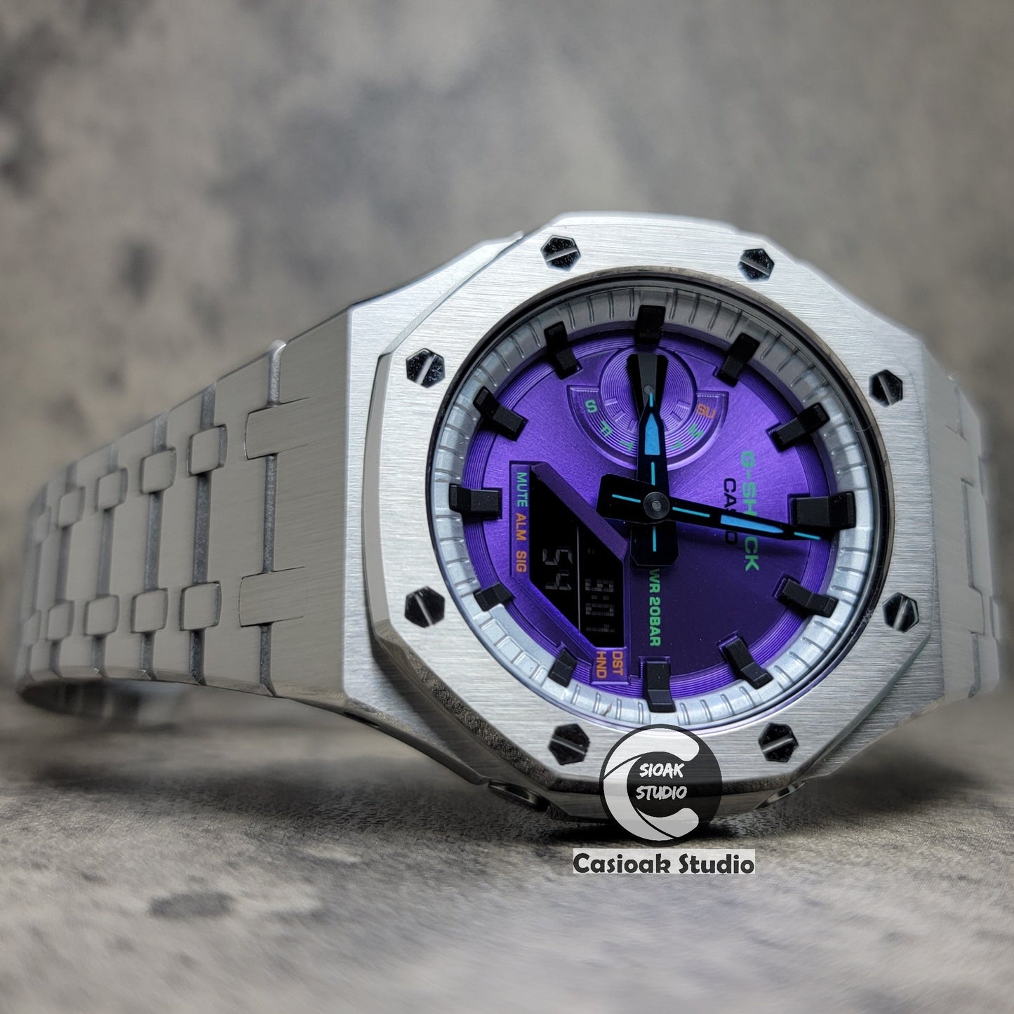 Casioak Mod Watch Silver Case Metal Strap Silver Black Time Mark Purple Dial 44mm- Casioak Mod Casio G-Shock Royal Oak Custom Mens Luxury Watches Ga2100