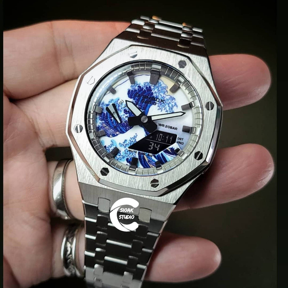 Casiooak Custom Casioak Mod Watch Silver Case Metal Strap Silver Black Time Mark White ...
