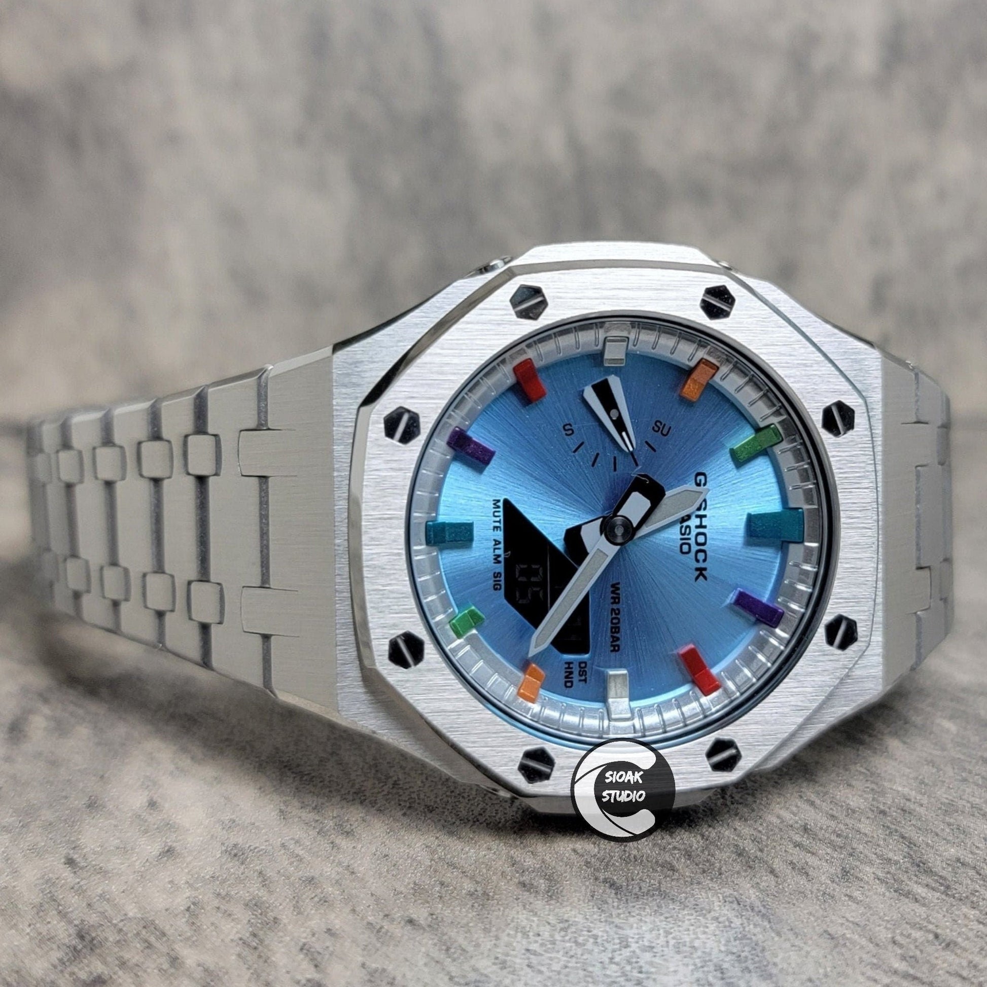 Casioak Mod Watch Silver Case Metal Strap Silver Metalliv Rainbow Time Mark Ice Blue Dial 44mm- Casioak Mod Casio G-Shock Royal Oak Custom Mens Luxury Watches Ga2100