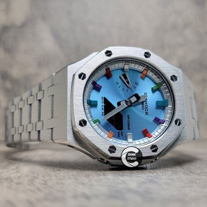 Casioak Mod Watch Silver Case Metal Strap Silver Metalliv Rainbow Time Mark Ice Blue Dial 44mm- Casioak Mod Casio G-Shock Royal Oak Custom Mens Luxury Watches Ga2100