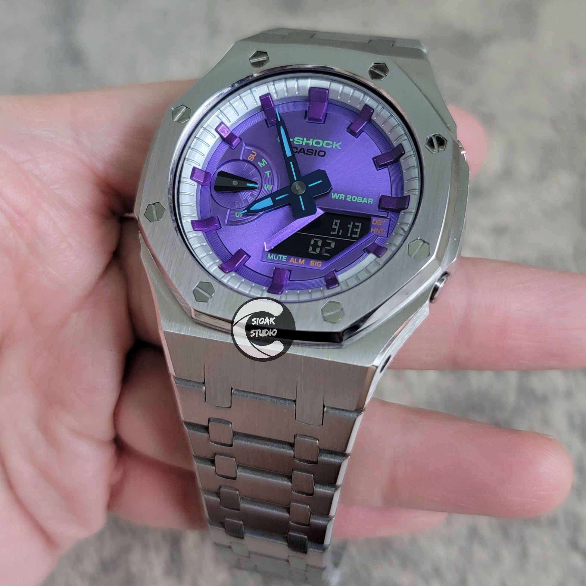 Casioak Mod Watch Silver Case Metal Strap Silver Purple Time Mark Purple Dial 44mm  Unique Special- Casioak Mod Casio G-Shock Royal Oak Custom Mens Luxury Watches Ga2100