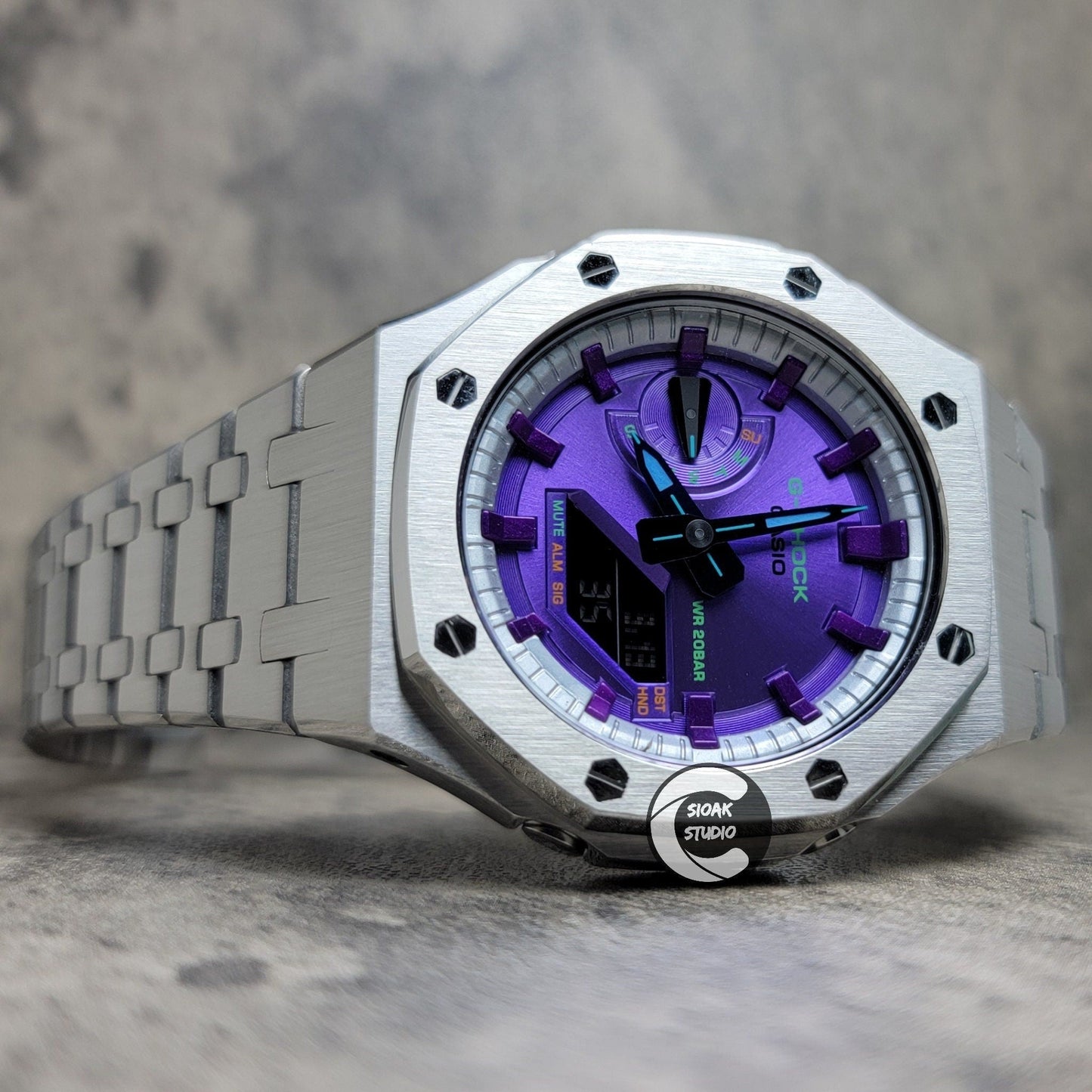 Casioak Mod Watch Silver Case Metal Strap Silver Purple Time Mark Purple Dial 44mm  Unique Special- Casioak Mod Casio G-Shock Royal Oak Custom Mens Luxury Watches Ga2100