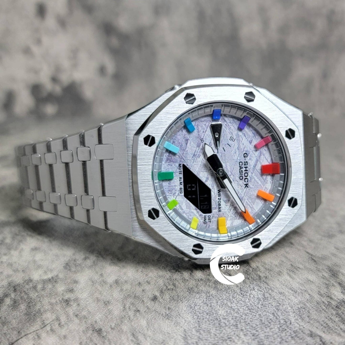 Casioak Mod Watch Silver Case Metal Strap Silver Rainbow Time Mark Meteorite Dial 44mm- Casioak Mod Casio G-Shock Royal Oak Custom Mens Luxury Watches Ga2100