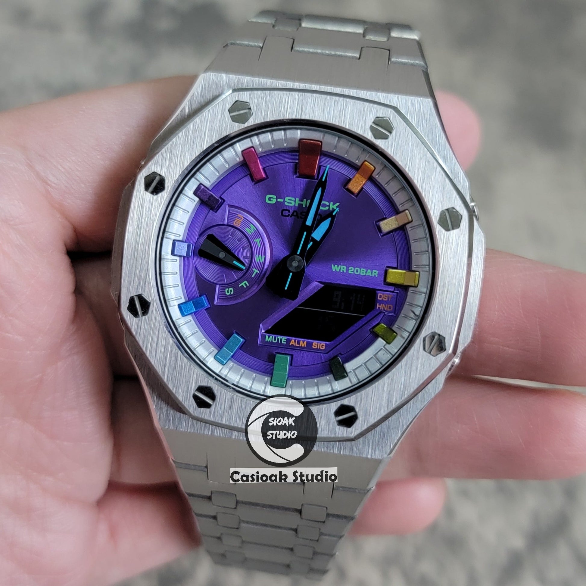 Casioak Mod Watch Silver Case Metal Strap Silver Rainbow Time Mark Purple Dial 44mm- Casioak Mod Casio G-Shock Royal Oak Custom Mens Luxury Watches Ga2100