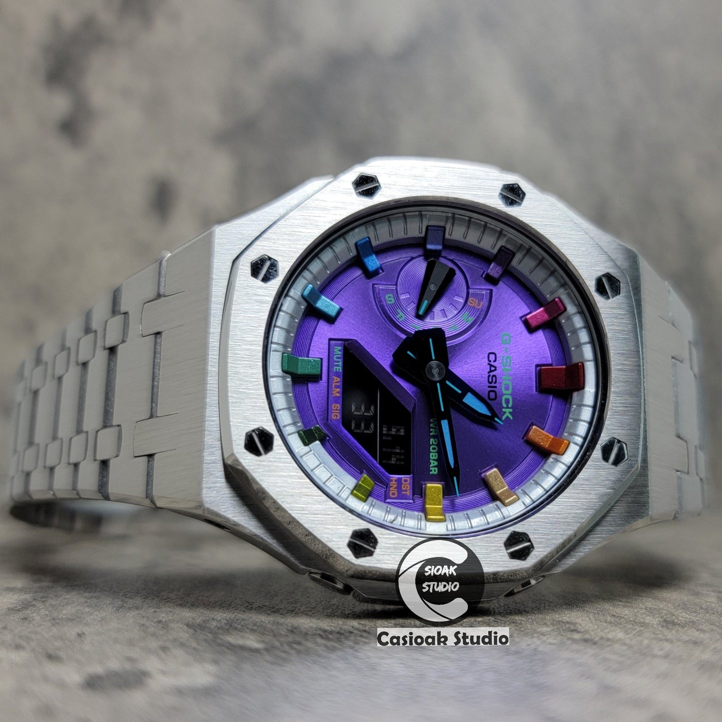 Casioak Mod Watch Silver Case Metal Strap Silver Rainbow Time Mark Purple Dial 44mm- Casioak Mod Casio G-Shock Royal Oak Custom Mens Luxury Watches Ga2100