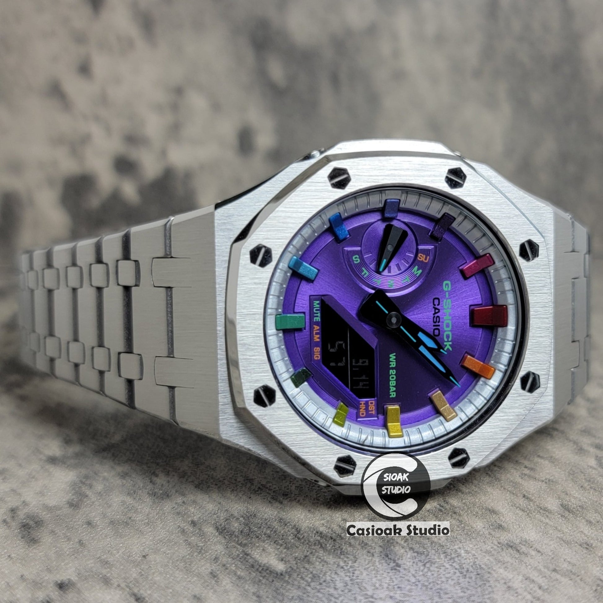 Casioak Mod Watch Silver Case Metal Strap Silver Rainbow Time Mark Purple Dial 44mm- Casioak Mod Casio G-Shock Royal Oak Custom Mens Luxury Watches Ga2100