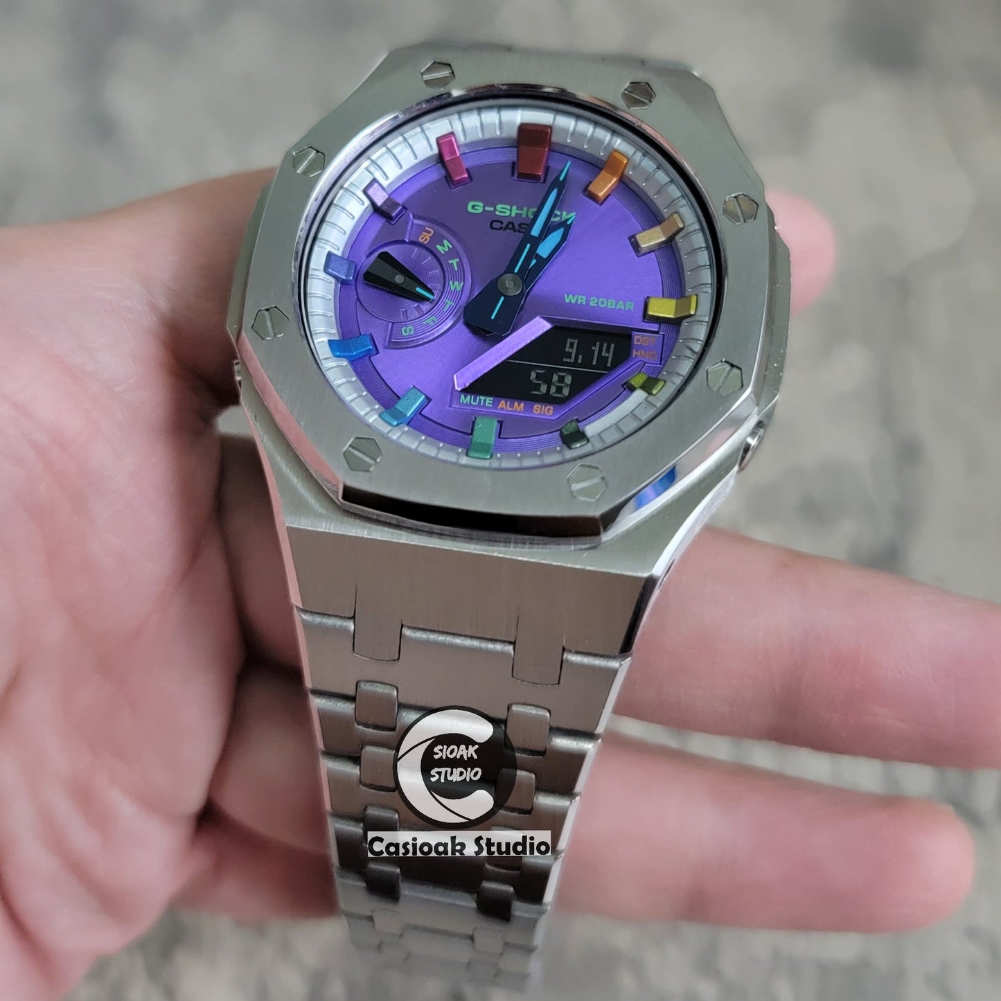 Casioak Mod Watch Silver Case Metal Strap Silver Rainbow Time Mark Purple Dial 44mm- Casioak Mod Casio G-Shock Royal Oak Custom Mens Luxury Watches Ga2100