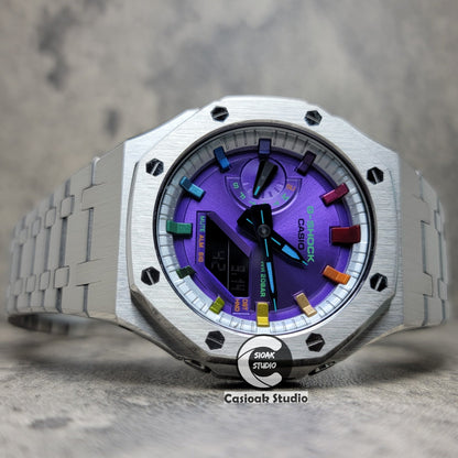 Casioak Mod Watch Silver Case Metal Strap Silver Rainbow Time Mark Purple Dial 44mm- Casioak Mod Casio G-Shock Royal Oak Custom Mens Luxury Watches Ga2100