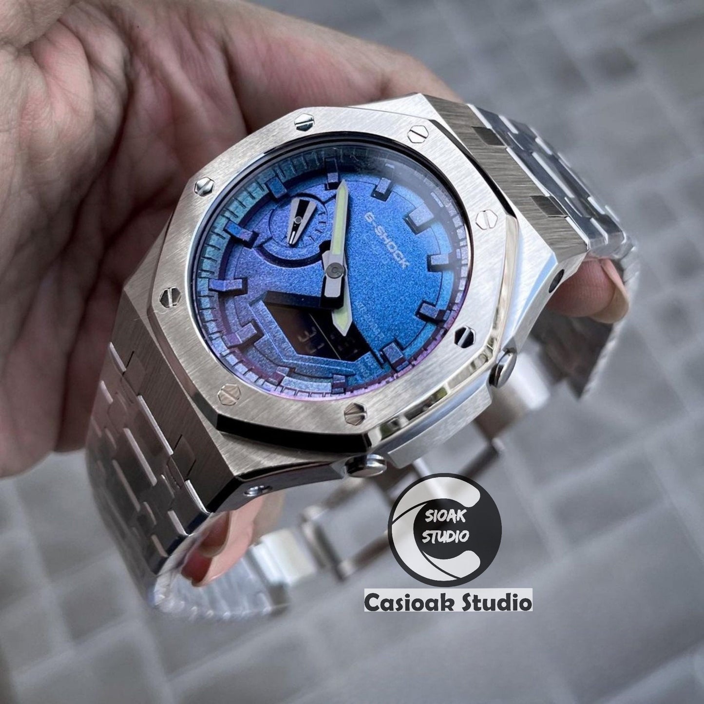 Casioak Mod Watch Silver Case Metal Strap Silver Time Mark Blue Dial 44mm- Casioak Mod Casio G-Shock Royal Oak Custom Mens Luxury Watches Ga2100