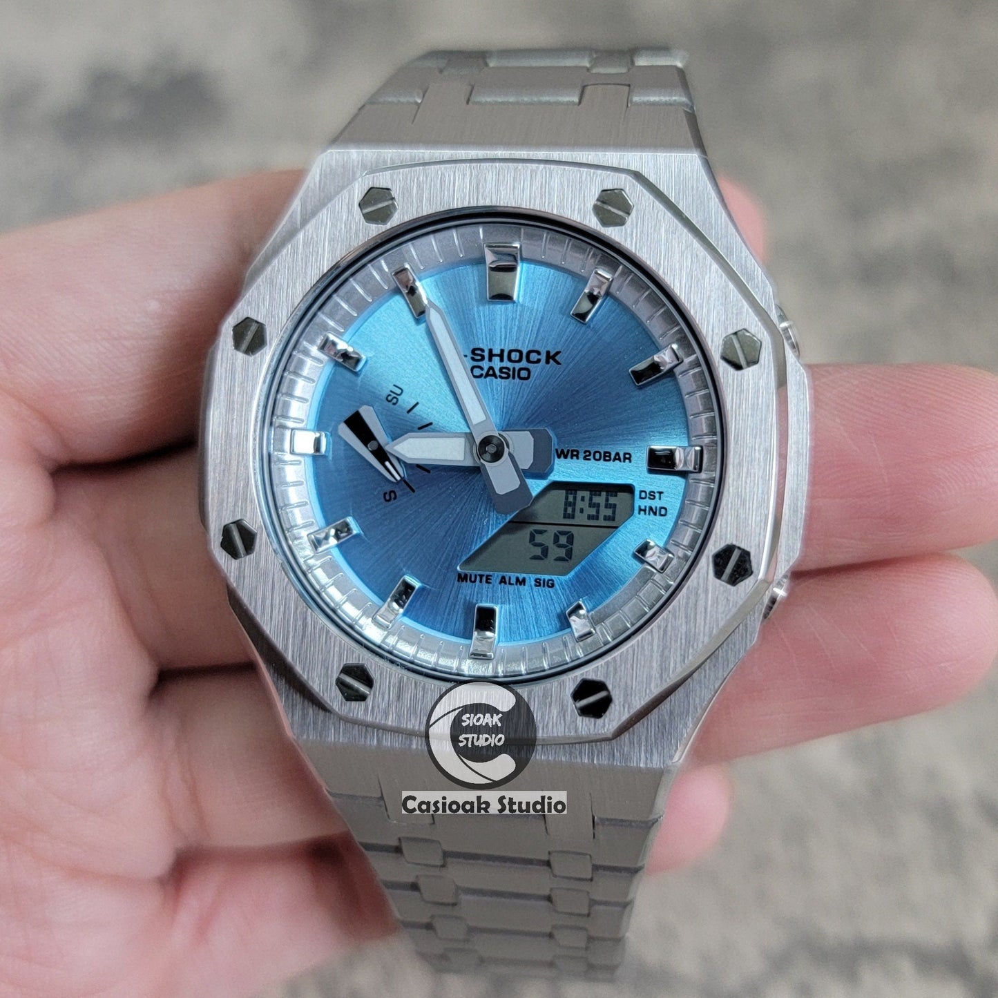 Casioak Mod Watch Silver Case Metal Strap Silver Time Mark Blue Dial 44mm- Casioak Mod Casio G-Shock Royal Oak Custom Mens Luxury Watches Ga2100