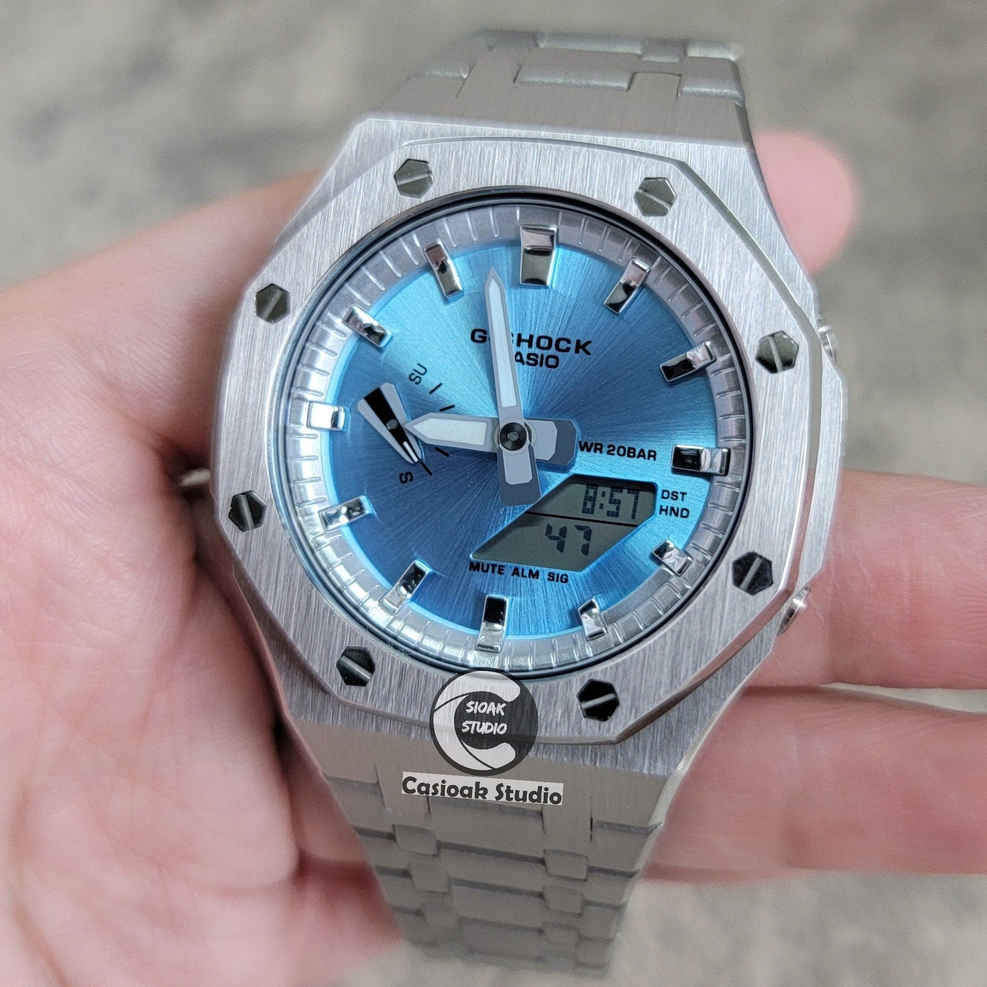 Casioak Mod Watch Silver Case Metal Strap Silver Time Mark Blue Dial 44mm- Casioak Mod Casio G-Shock Royal Oak Custom Mens Luxury Watches Ga2100