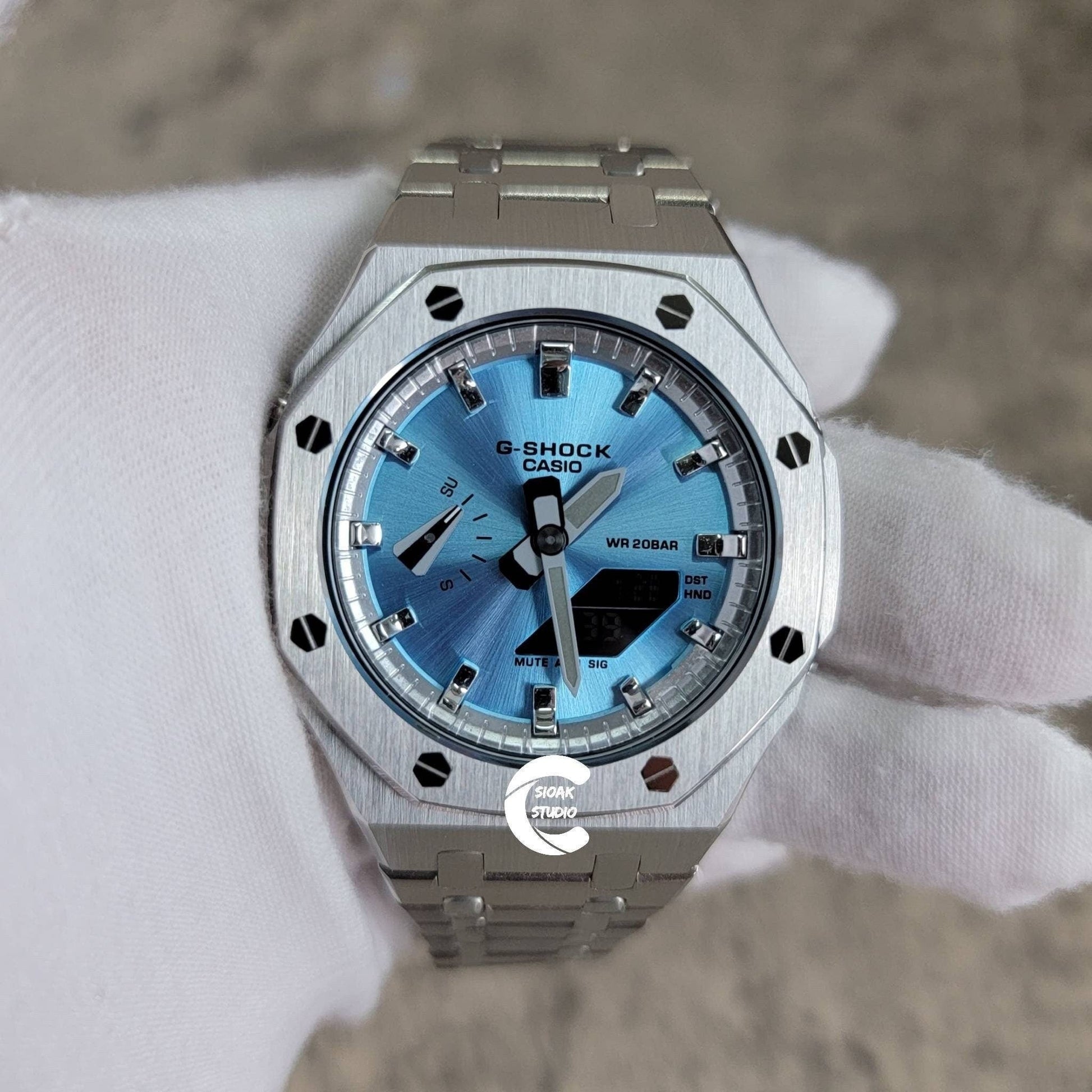 Casioak Mod Watch Silver Case Metal Strap Silver Time Mark Ice Blue Dial 44mm- Casioak Mod Casio G-Shock Royal Oak Custom Mens Luxury Watches Ga2100