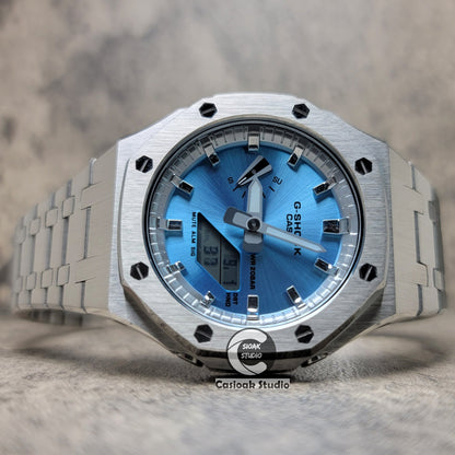 Casioak Mod Watch Silver Case Metal Strap Silver Time Mark Ice Blue Dial 44mm- Casioak Mod Casio G-Shock Royal Oak Custom Mens Luxury Watches Ga2100