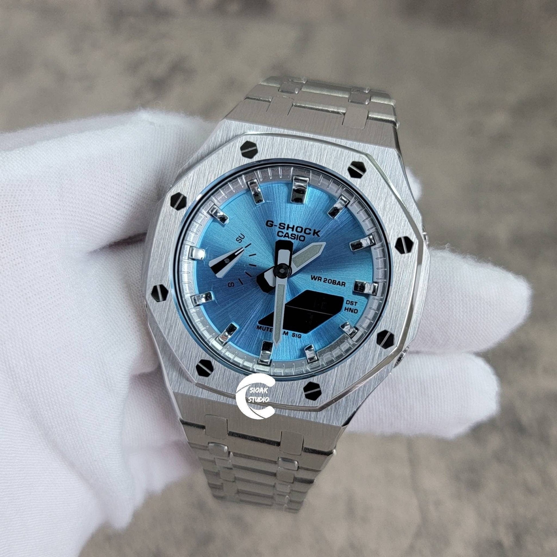 Casioak Mod Watch Silver Case Metal Strap Silver Time Mark Ice Blue Dial 44mm- Casioak Mod Casio G-Shock Royal Oak Custom Mens Luxury Watches Ga2100