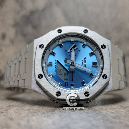 Casioak Mod Watch Silver Case Metal Strap Silver Time Mark Ice Blue Dial 44mm- Casioak Mod Casio G-Shock Royal Oak Custom Mens Luxury Watches Ga2100