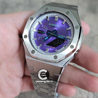 Casioak Mod Watch Silver Case Metal Strap Silver Time Mark Purple Dial 44mm- Casioak Mod Casio G-Shock Royal Oak Custom Mens Luxury Watches Ga2100