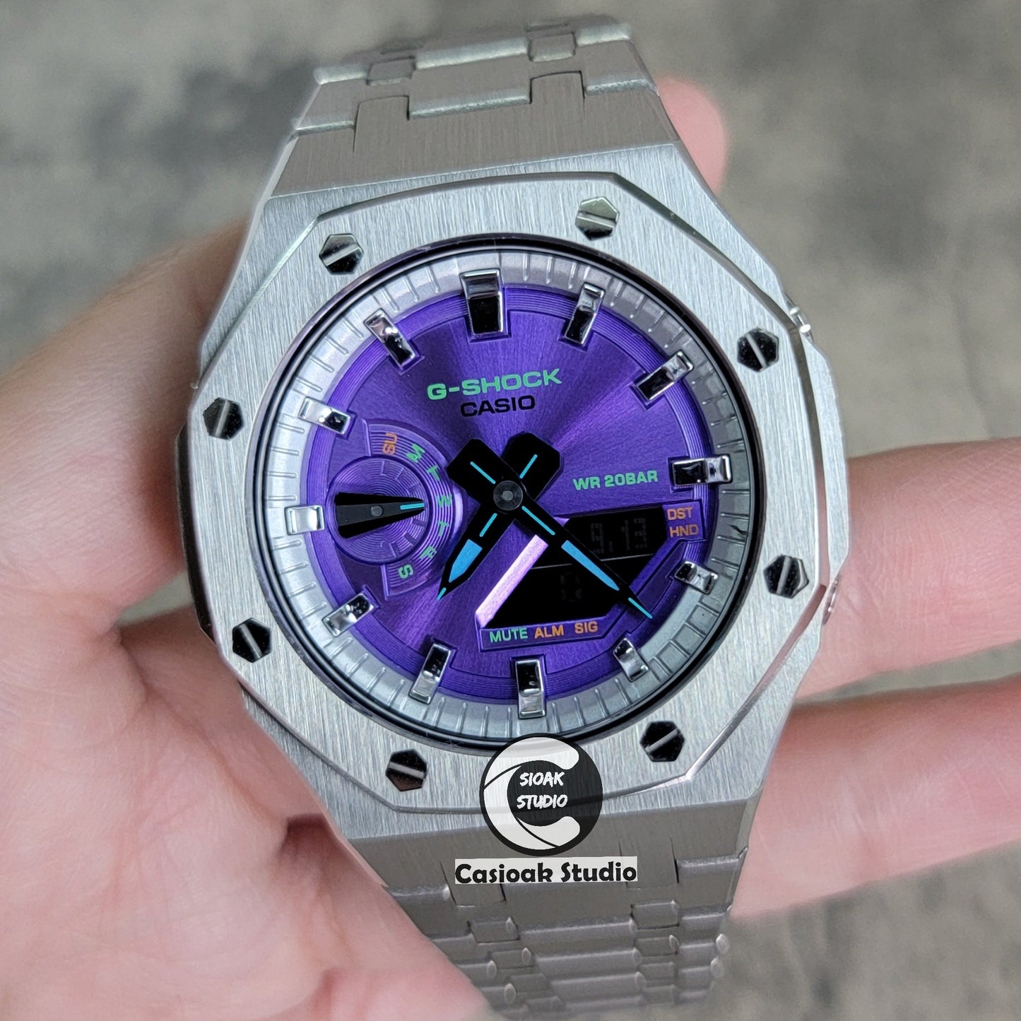 Casioak Mod Watch Silver Case Metal Strap Silver Time Mark Purple Dial 44mm- Casioak Mod Casio G-Shock Royal Oak Custom Mens Luxury Watches Ga2100