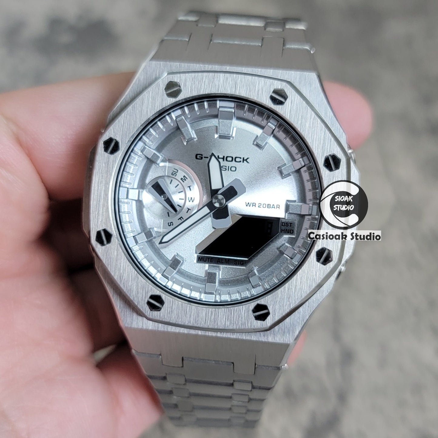 Casioak Mod Watch Silver Case Metal Strap Silver Time Mark Silver Dial 44mm- Casioak Mod Casio G-Shock Royal Oak Custom Mens Luxury Watches Ga2100