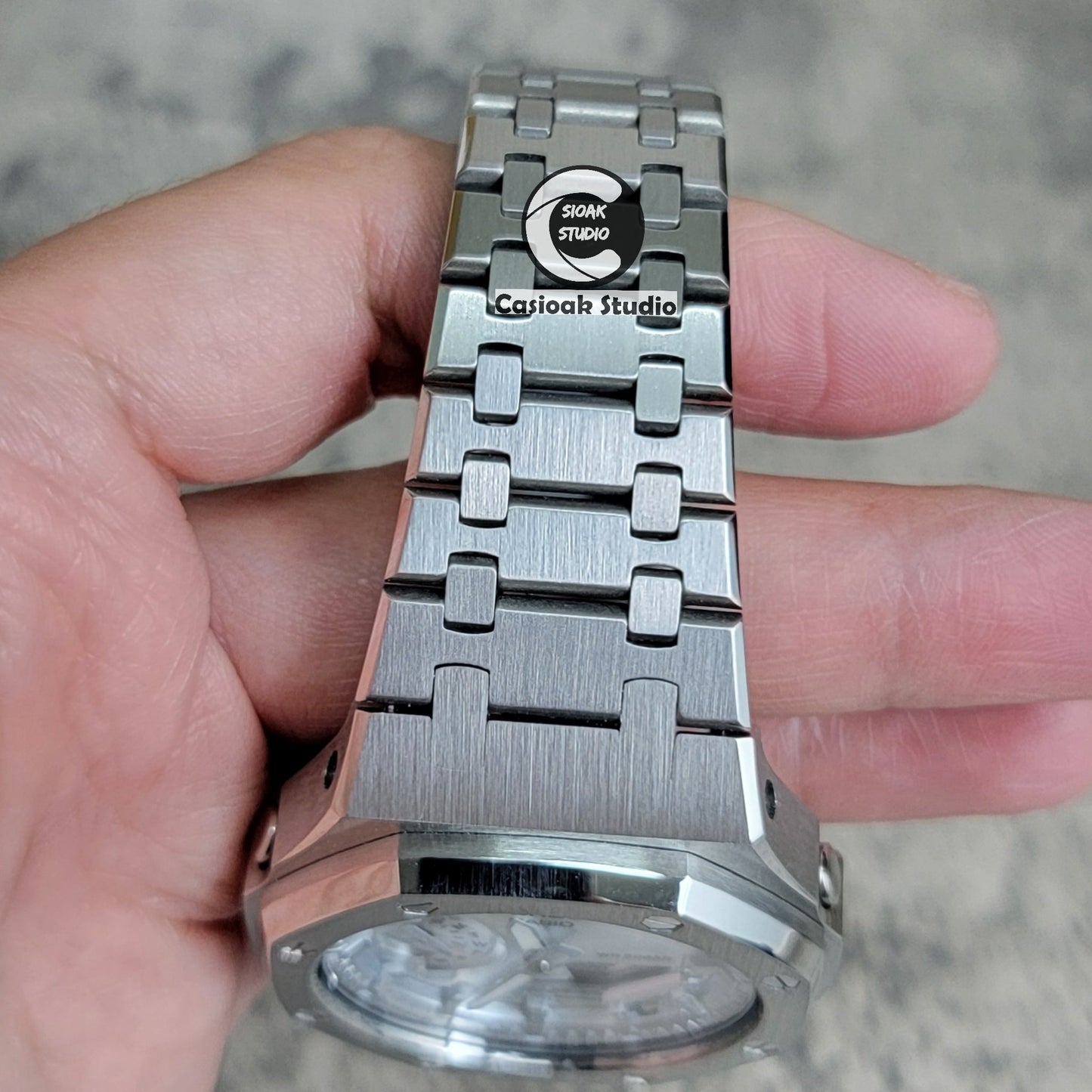 Casioak Mod Watch Silver Case Metal Strap Silver Time Mark Silver Dial 44mm- Casioak Mod Casio G-Shock Royal Oak Custom Mens Luxury Watches Ga2100