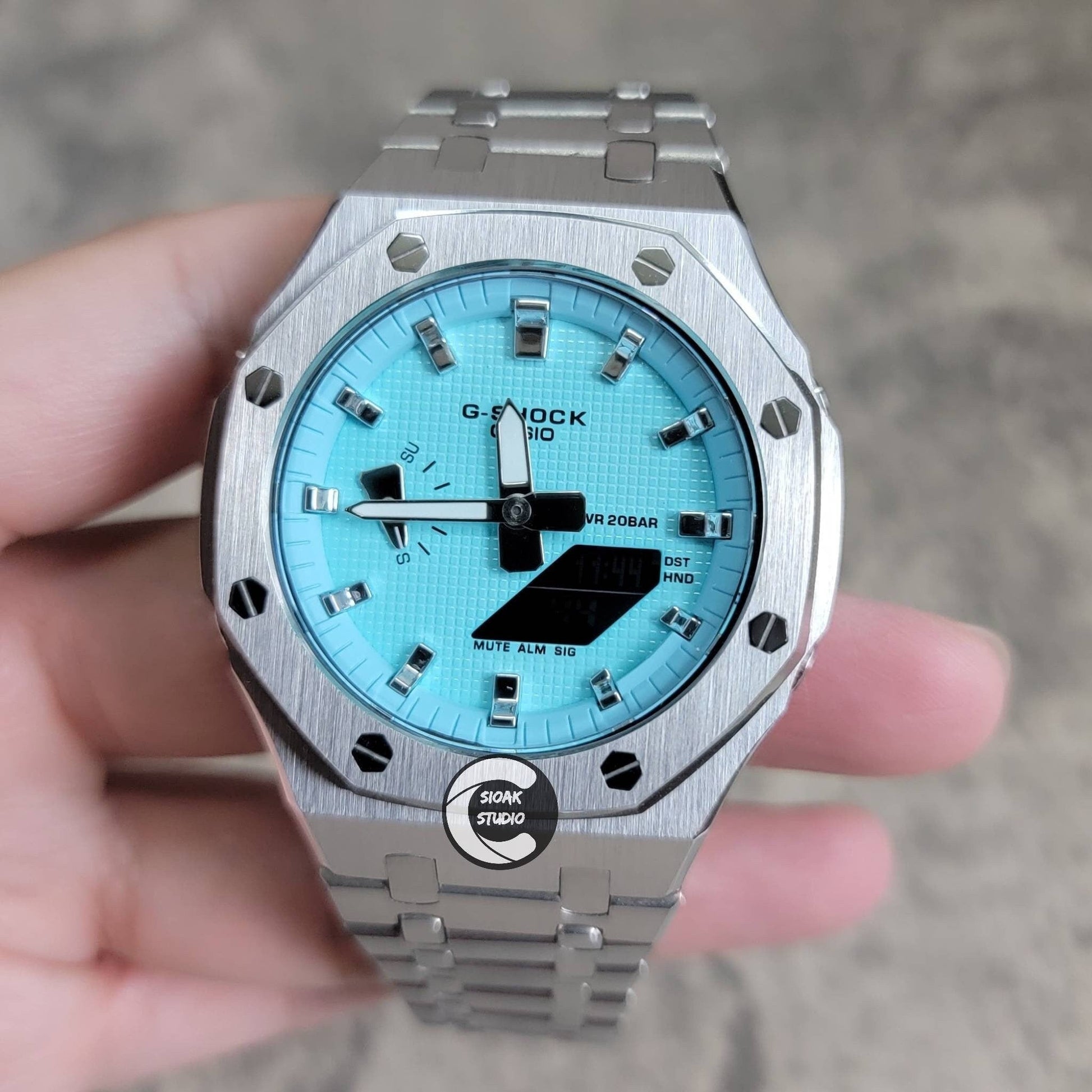 Casioak Mod Watch Silver Case Metal Strap Tiff Silver Time Mark Tiff Blue Dial 44mm- Casioak Mod Casio G-Shock Royal Oak Custom Mens Luxury Watches Ga2100