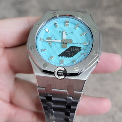 Casioak Mod Watch Silver Case Metal Strap Tiff Silver Time Mark Tiff Blue Dial 44mm- Casioak Mod Casio G-Shock Royal Oak Custom Mens Luxury Watches Ga2100