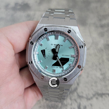 Casioak Mod Watch Silver Case Metal Strap Tiff Silver Time Mark Tiff Blue Dial 44mm- Casioak Mod Casio G-Shock Royal Oak Custom Mens Luxury Watches Ga2100