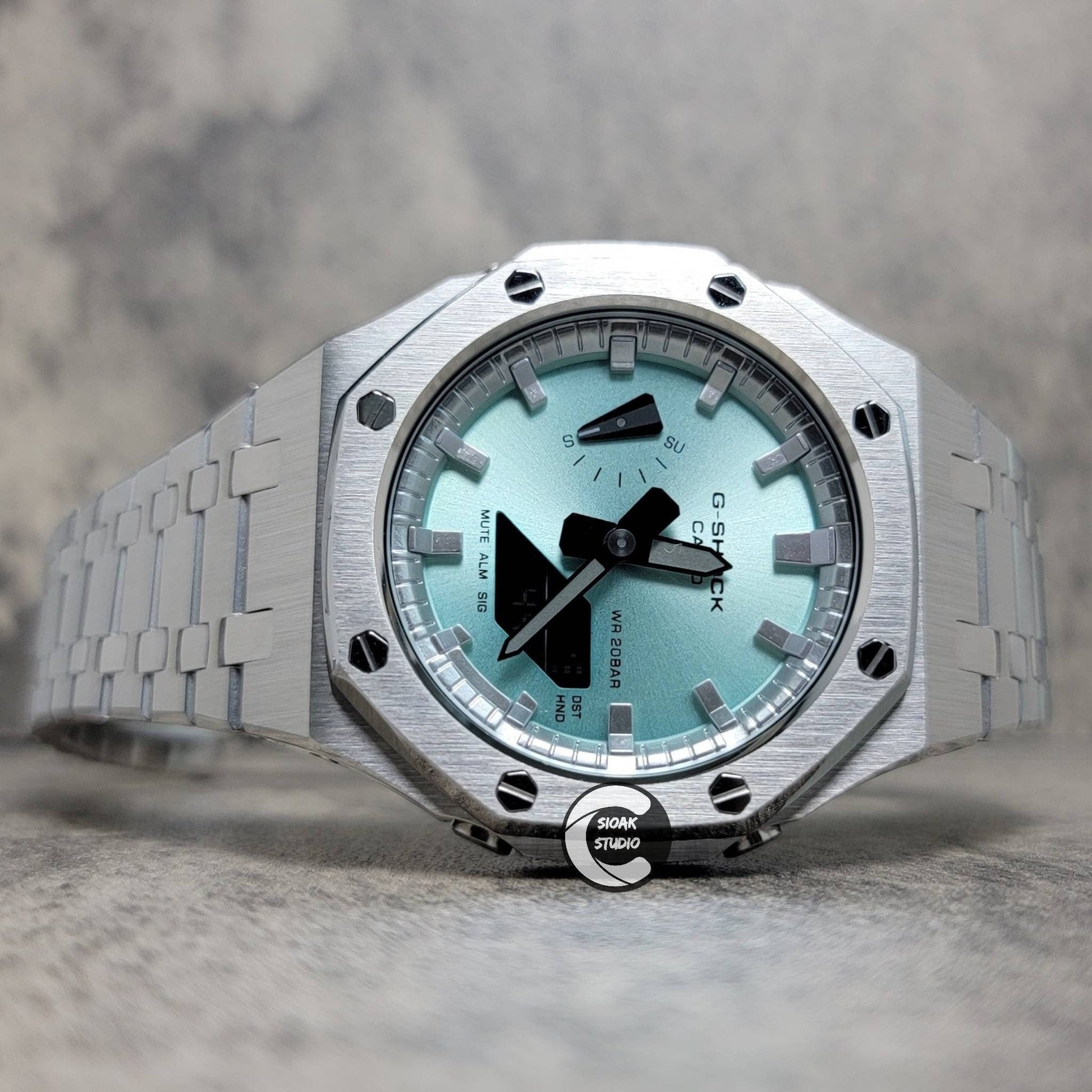 Casioak Mod Watch Silver Case Metal Strap Tiff Silver Time Mark Tiff Blue Dial 44mm- Casioak Mod Casio G-Shock Royal Oak Custom Mens Luxury Watches Ga2100