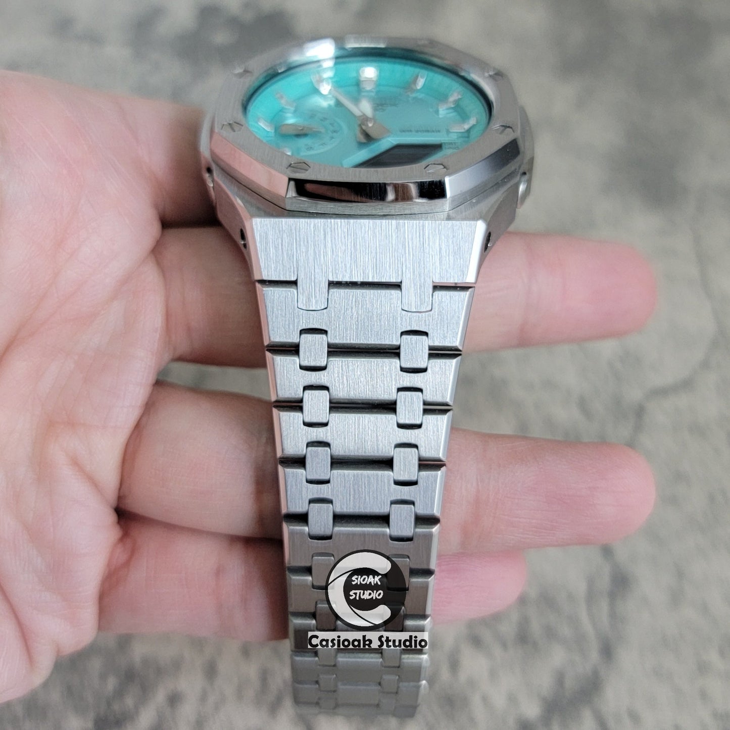 Casioak Mod Watch Silver Case Metal Strap Tiff Silver Time Mark Tiff Blue Dial 44mm- Casioak Mod Casio G-Shock Royal Oak Custom Mens Luxury Watches Ga2100