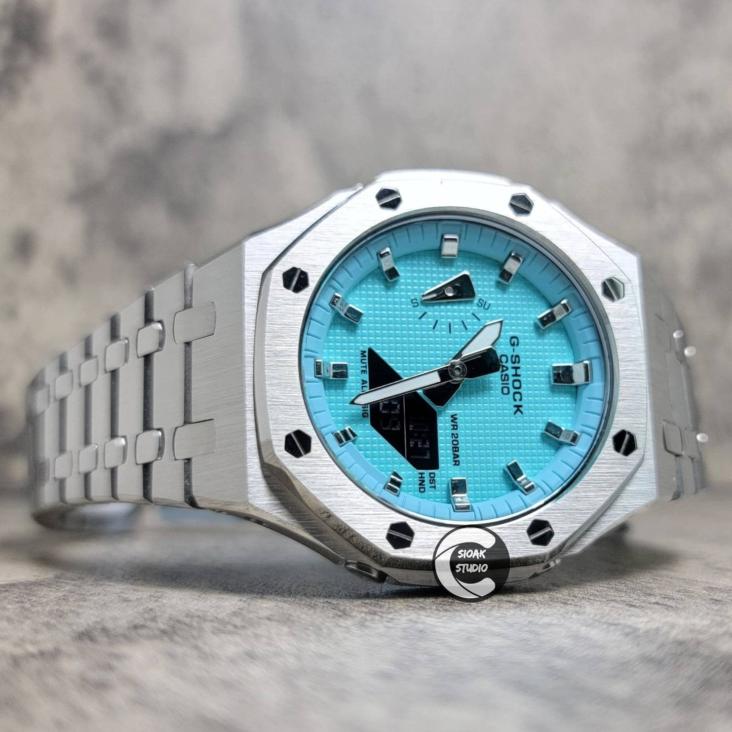 Casioak Mod Watch Silver Case Metal Strap Tiff Silver Time Mark Tiff Blue Dial 44mm- Casioak Mod Casio G-Shock Royal Oak Custom Mens Luxury Watches Ga2100