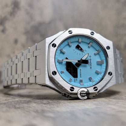 Casioak Mod Watch Silver Case Metal Strap Tiff Silver Time Mark Tiff Blue Dial 44mm- Casioak Mod Casio G-Shock Royal Oak Custom Mens Luxury Watches Ga2100