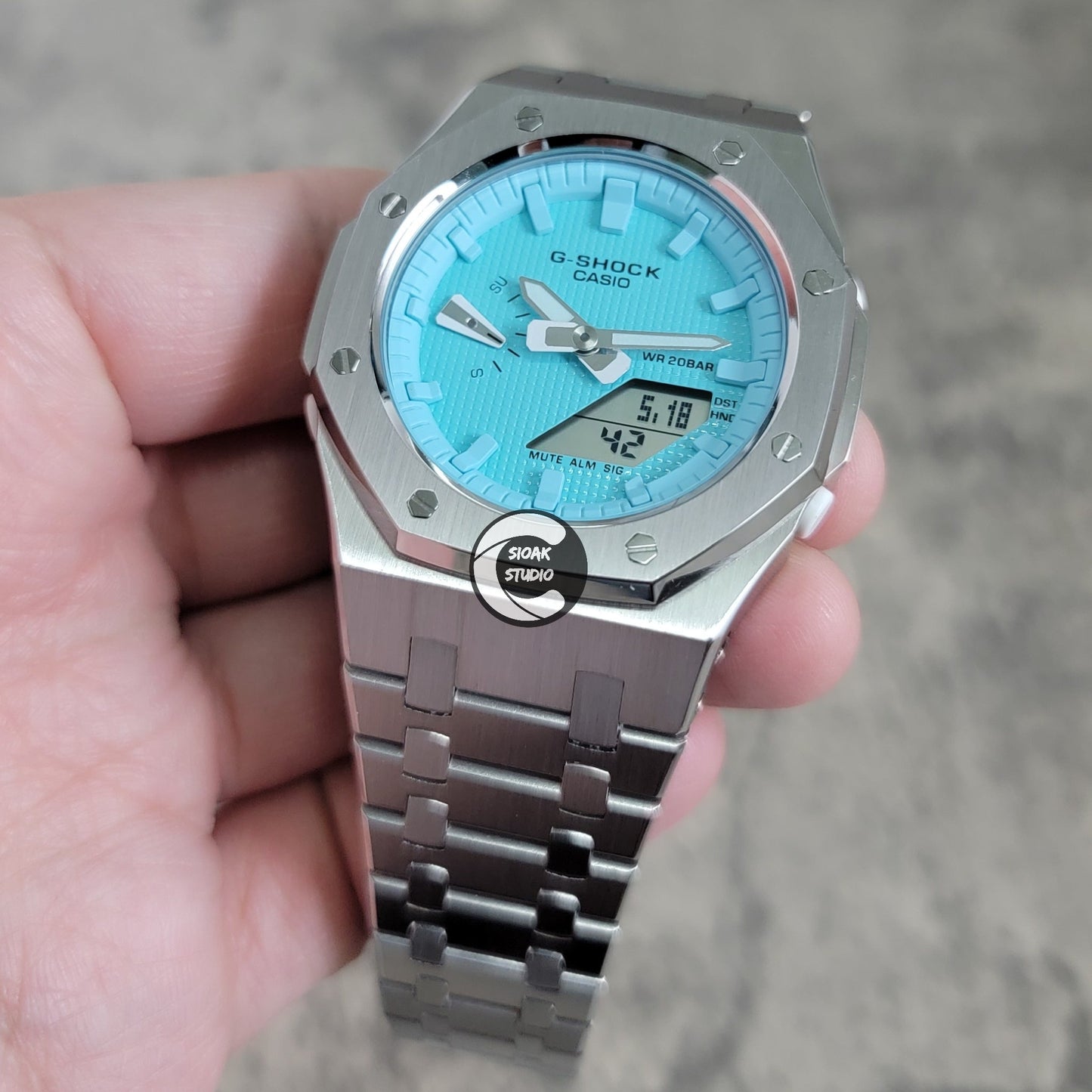 Casioak Mod Watch Silver Case Metal Strap Tiff Time Mark Tiff Blue Dial 42mm- Casioak Mod Casio G-Shock Royal Oak Custom Mens Luxury Watches Ga2100