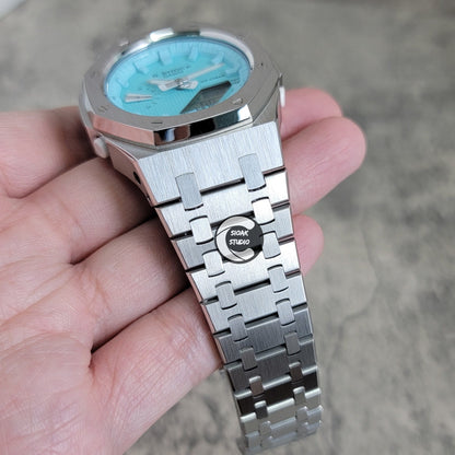 Casioak Mod Watch Silver Case Metal Strap Tiff Time Mark Tiff Blue Dial 42mm- Casioak Mod Casio G-Shock Royal Oak Custom Mens Luxury Watches Ga2100