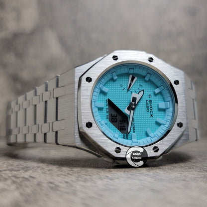 Casioak Mod Watch Silver Case Metal Strap Tiff Time Mark Tiff Blue Dial 42mm- Casioak Mod Casio G-Shock Royal Oak Custom Mens Luxury Watches Ga2100