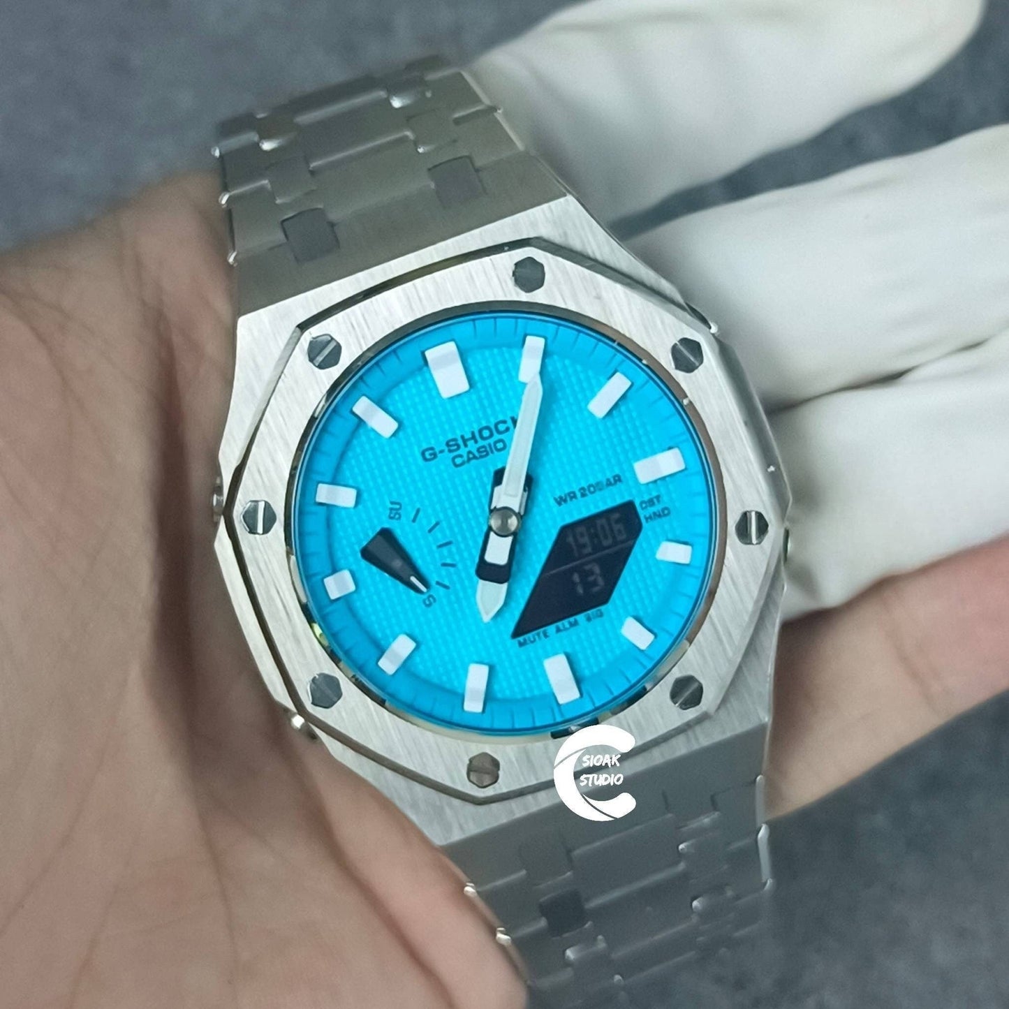 Casioak Mod Watch Silver Case Metal Strap Tiff White Time Mark Tiff Blue Dial 44- Casioak Mod Casio G-Shock Royal Oak Custom Mens Luxury Watches Ga2100