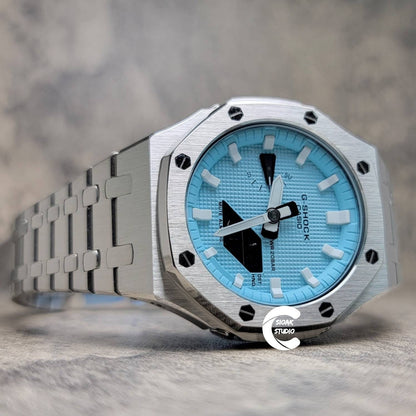 Casioak Mod Watch Silver Case Metal Strap Tiff White Time Mark Tiff Blue Dial 44mm- Casioak Mod Casio G-Shock Royal Oak Custom Mens Luxury Watches Ga2100