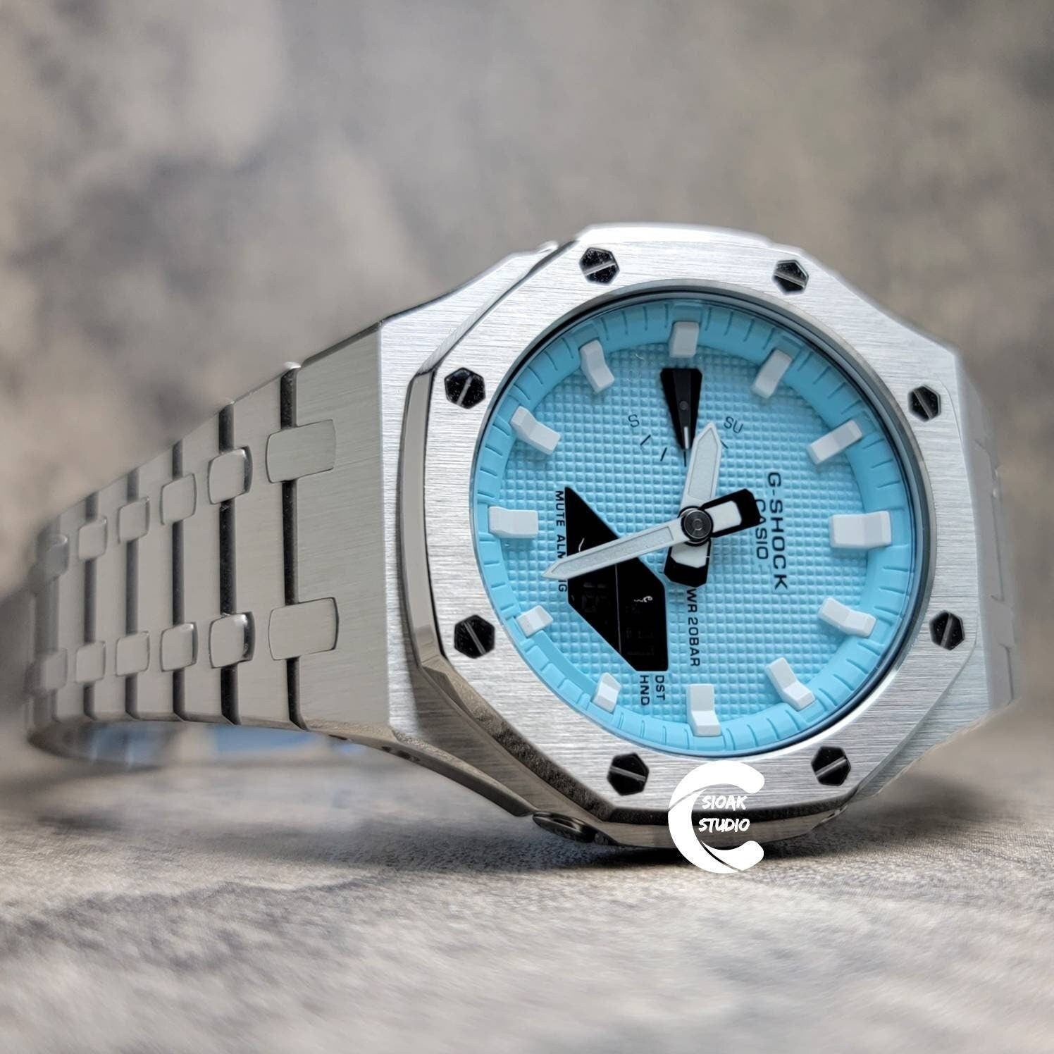 Casioak Mod Watch Silver Case Metal Strap Tiff White Time Mark Tiff Blue Dial 44mm- Casioak Mod Casio G-Shock Royal Oak Custom Mens Luxury Watches Ga2100