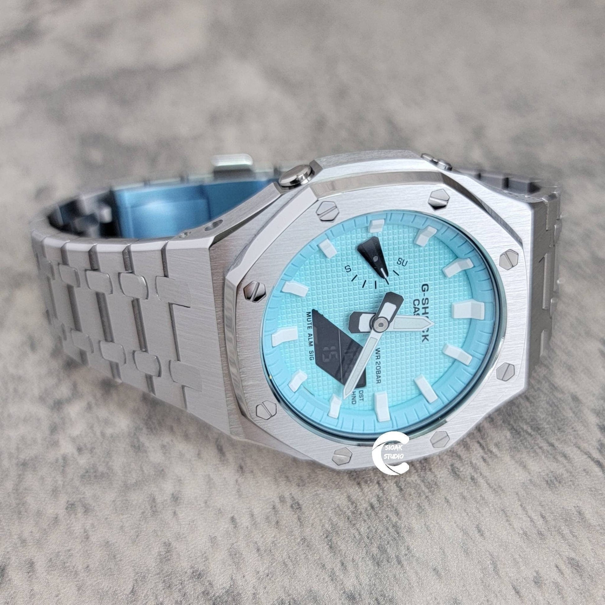 Casioak Mod Watch Silver Case Metal Strap Tiff White Time Mark Tiff Blue Dial 44mm- Casioak Mod Casio G-Shock Royal Oak Custom Mens Luxury Watches Ga2100