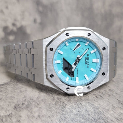 Casioak Mod Watch Silver Case Metal Strap Tiff white Time Mark Tiff Blue Dial 42mm- Casioak Mod Casio G-Shock Royal Oak Custom Mens Luxury Watches Ga2100