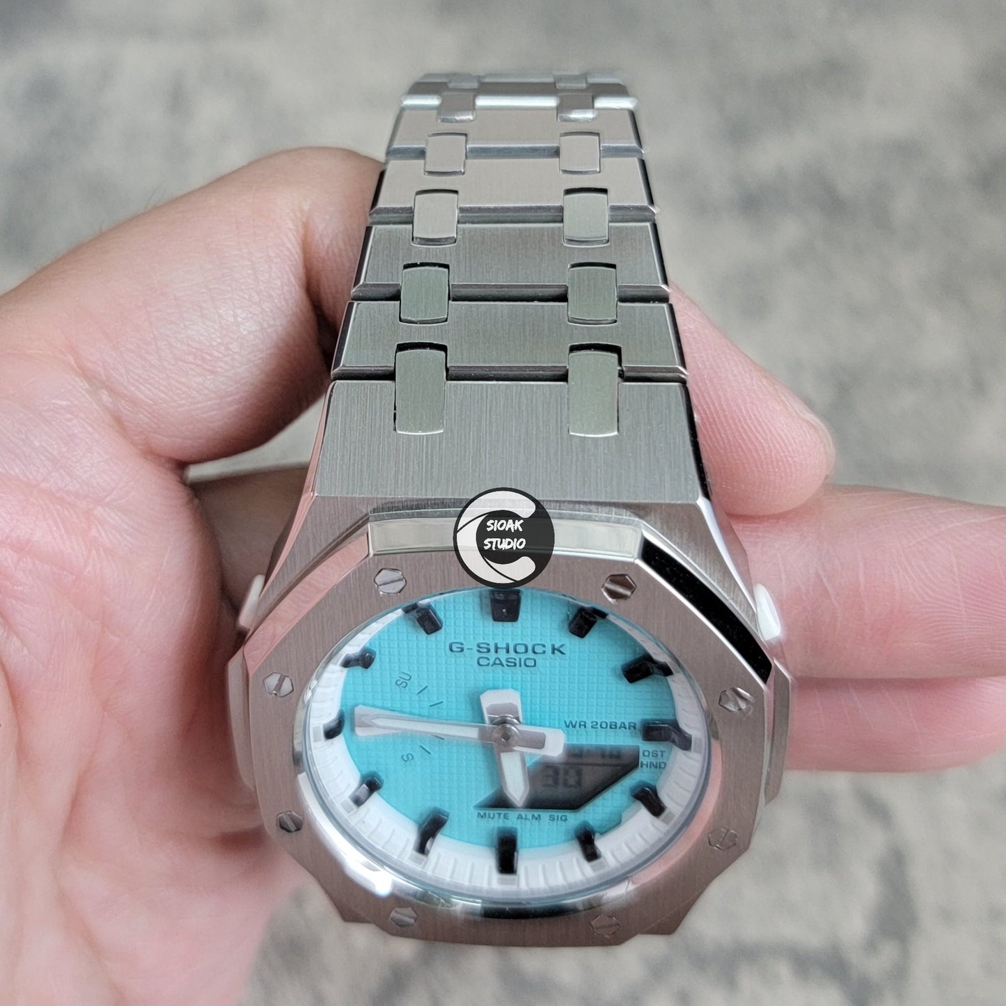 Casioak Mod Watch Silver Case Metal Strap White Black Time Mark Tiff Blue Dial 42mm- Casioak Mod Casio G-Shock Royal Oak Custom Mens Luxury Watches Ga2100