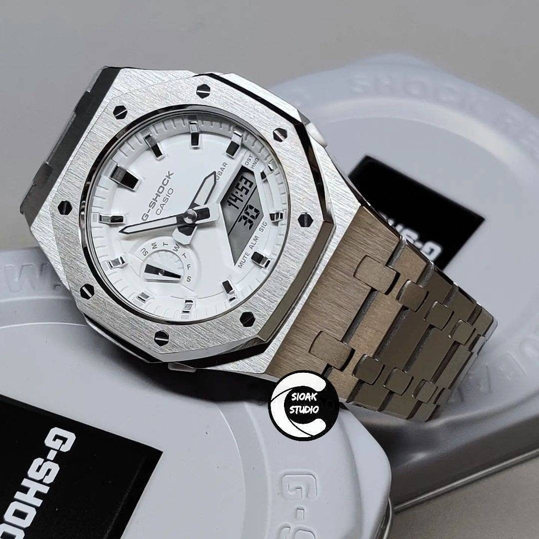 Casioak Mod Watch Silver Case Metal Strap White Silver Time Mark White Dial 42mm- Casioak Mod Casio G-Shock Royal Oak Custom Mens Luxury Watches Ga2100