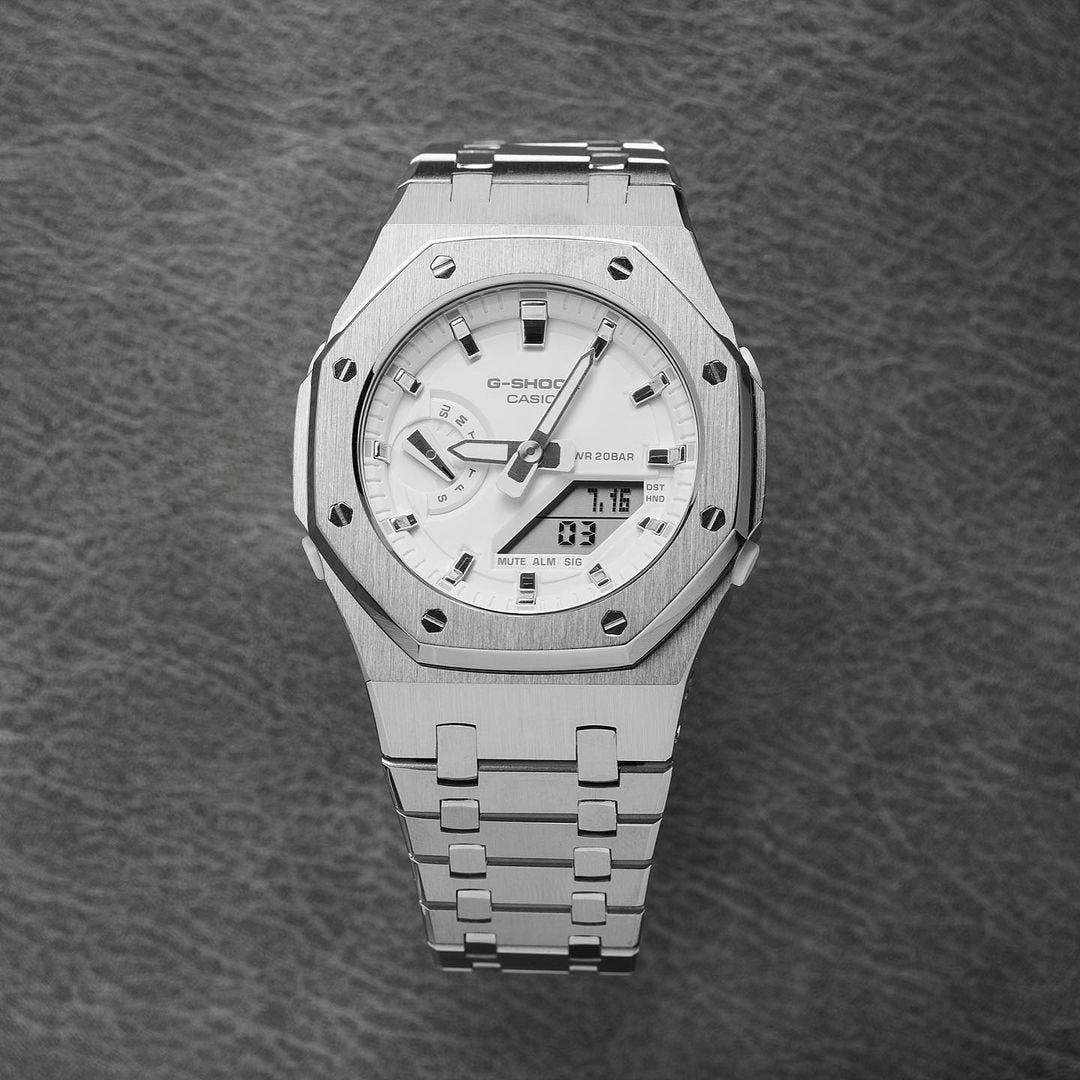 Casioak Mod Watch Silver Case Metal Strap White Silver Time Mark White Dial 42mm- Casioak Mod Casio G-Shock Royal Oak Custom Mens Luxury Watches Ga2100