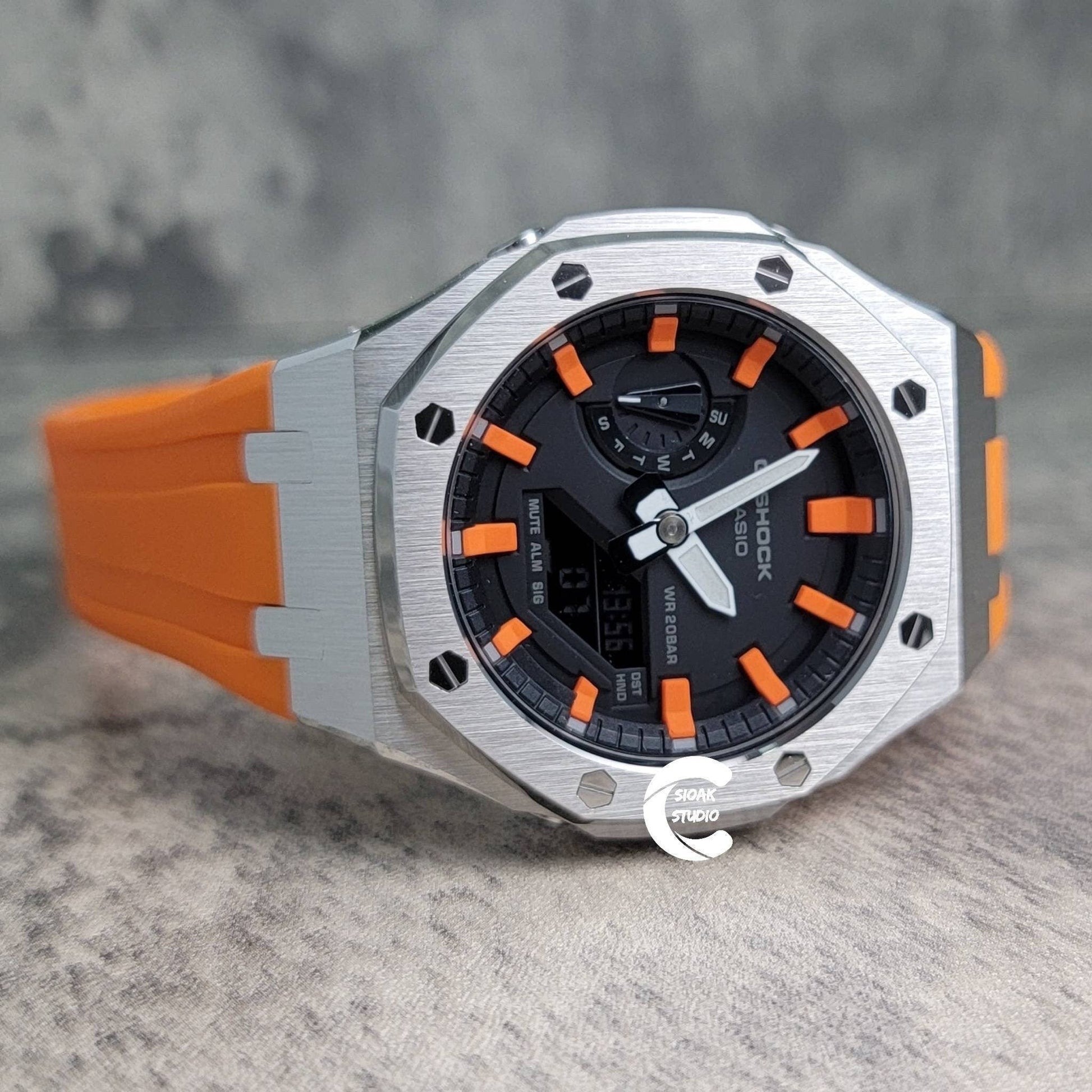 Casioak Mod Watch Silver Case Orange Rubber Strap Black Orange Time Mark Black Dial 44mm- Casioak Mod Casio G-Shock Royal Oak Custom Mens Luxury Watches Ga2100