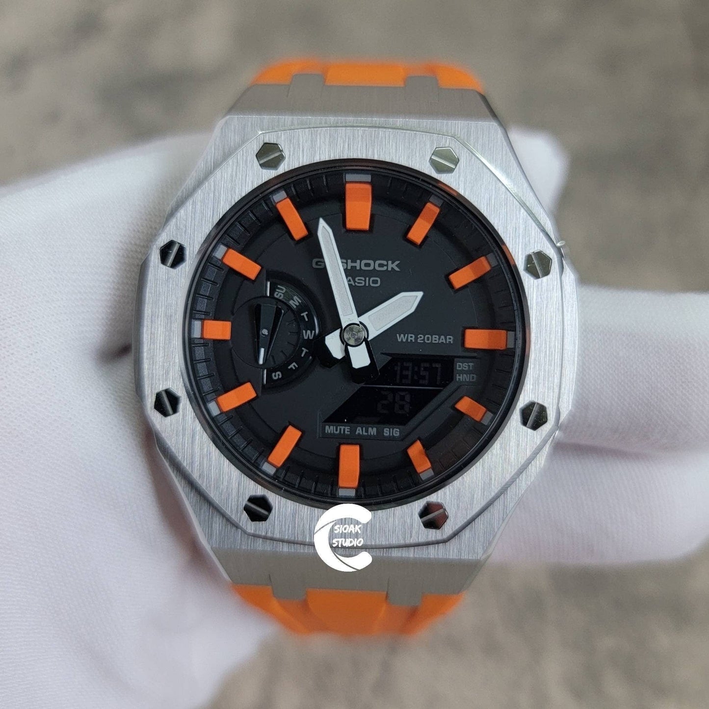 Casioak Mod Watch Silver Case Orange Rubber Strap Black Orange Time Mark Black Dial 44mm- Casioak Mod Casio G-Shock Royal Oak Custom Mens Luxury Watches Ga2100