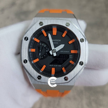 Casioak Mod Watch Silver Case Orange Rubber Strap Black Orange Time Mark Black Dial 44mm- Casioak Mod Casio G-Shock Royal Oak Custom Mens Luxury Watches Ga2100