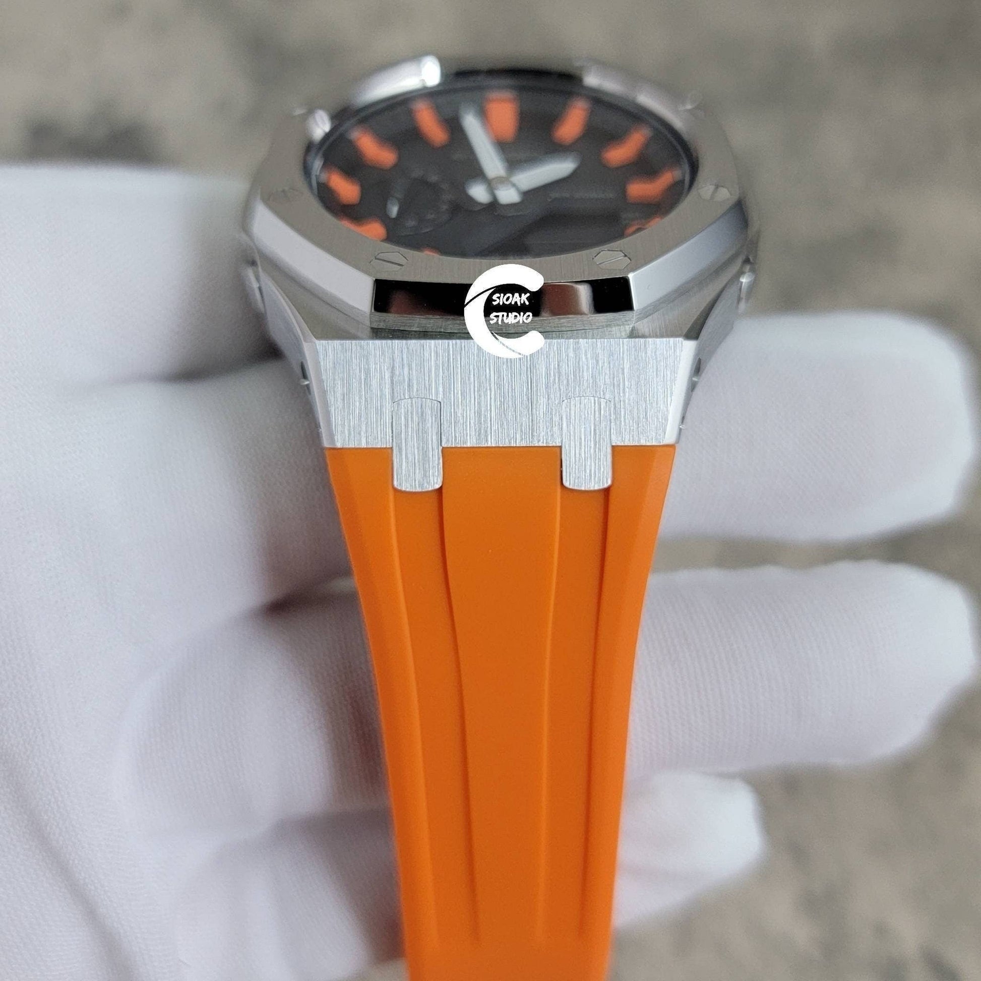 Casioak Mod Watch Silver Case Orange Rubber Strap Black Orange Time Mark Black Dial 44mm- Casioak Mod Casio G-Shock Royal Oak Custom Mens Luxury Watches Ga2100